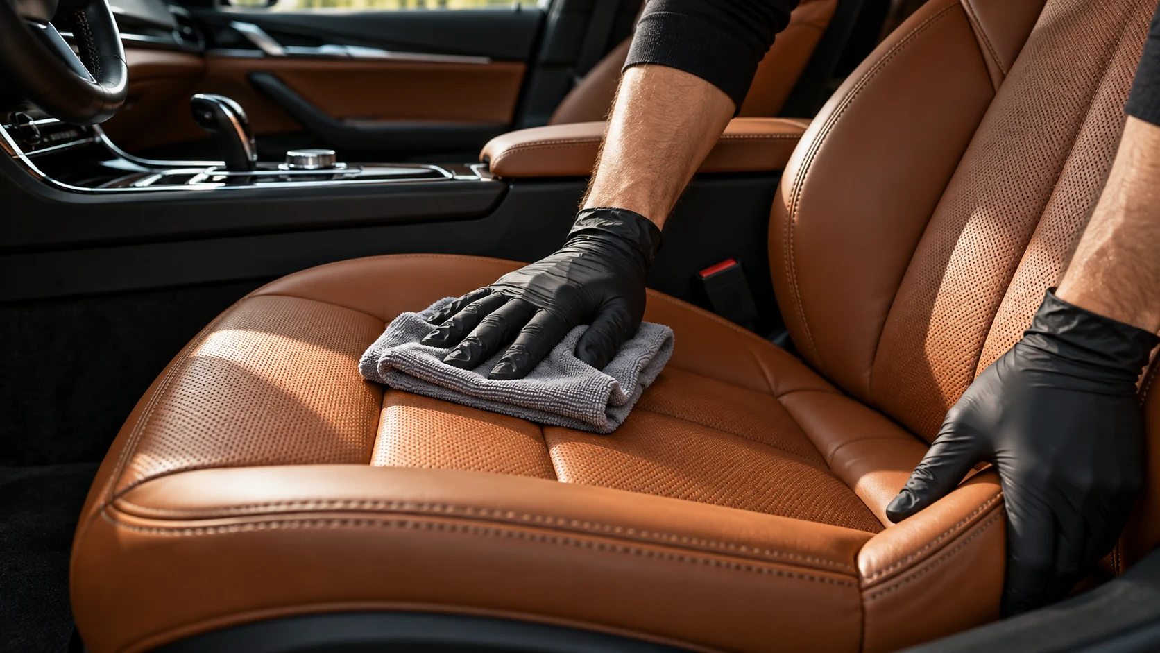 Deri otomobil koltuğunun mikrofiber bezle detaylı temizliği
